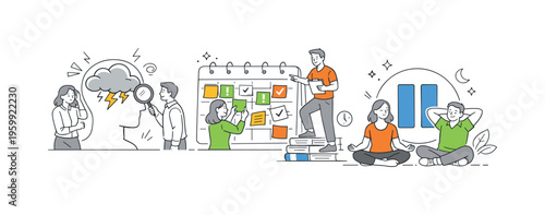 A professional and lifestyle balance concept illustrating mental burnout and recovery strategies, showing individuals identifying stress signals and taking action around three key