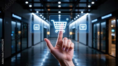 hand touching digital shopping cart icon in futuristic mall hallway