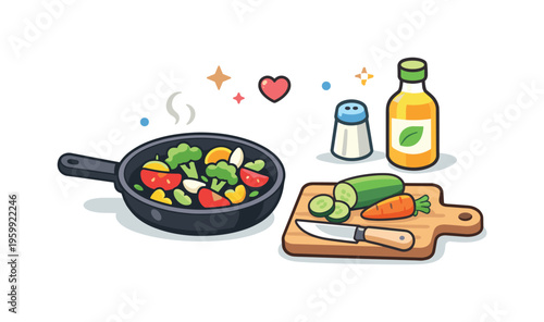 Cooking a simple homemade meal in the kitchen representing daily self-care and basic life skills in a comfortable home setting, a frying pan with fresh vegetables placed near a