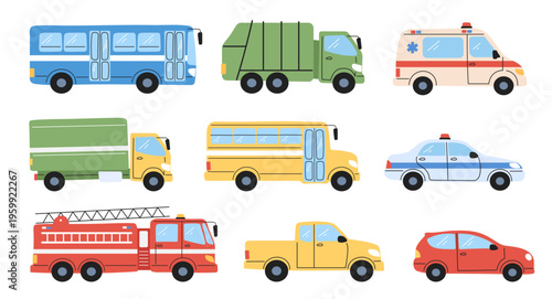 Transport car set. Flat cartoon police car, ambulance, fire truck, garbage truck, bus and pickup isolated on white background. Handdrawn  collection of urban vehicles for children.
