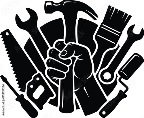Set of construction tools held by fist and pump with motor on checkered background vector silhouette