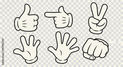 Set of six cartoon hands in white gloves showing various gestures like thumbs up, pointing, peace sign, open hand, and a fist on a transparent background.