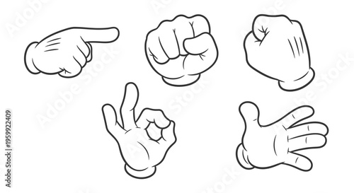 A collection of five cartoon hands in white gloves displaying various gestures like pointing, fists, and an OK sign, isolated on a white background.
