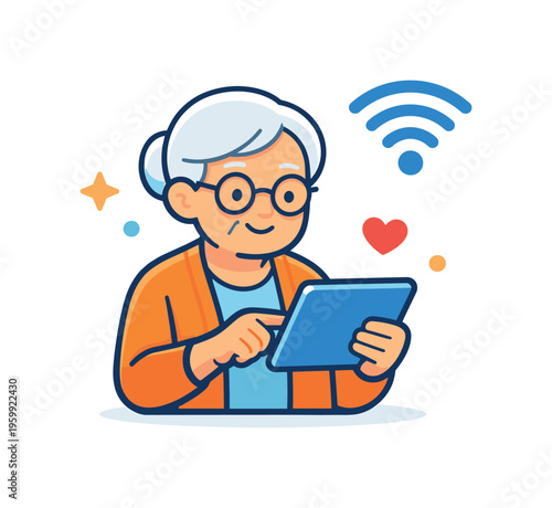Digital literacy and technology adoption among seniors supporting independence and connection in modern society, an older person interacting with a tablet and a simple wifi symbol