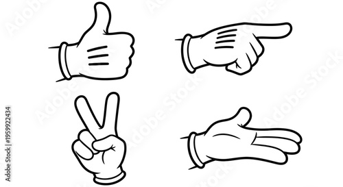 Four cartoon hands in white gloves displaying various gestures: thumbs up, pointing, peace sign, and an open palm.