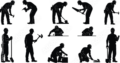 Silhouette of construction worker man working with tools hammer shovel saw and drill in different poses for industrial labor project.