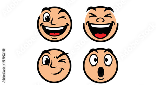 Four cartoon faces expressing various emotions like happiness, laughter, mischief, and surprise, isolated on a white background.