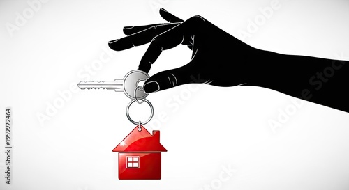 Silhouette hand holding house key with house pendant against white background