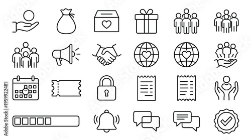 Set of 25 Charity and Donation Line Icons Vector