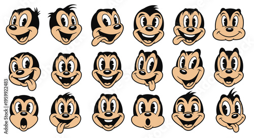 Collection of 20 vintage cartoon character faces with various expressions in classic rubber hose animation style.