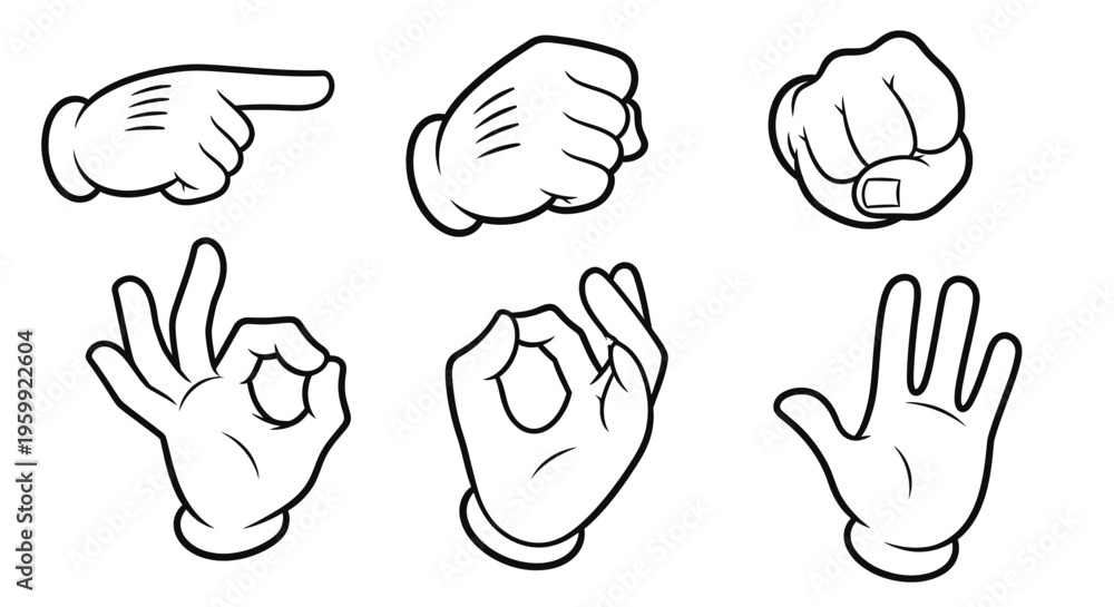 Fototapeta premium Six black and white cartoon hands showing various gestures like pointing, fists, and OK signs, in a classic animation style.