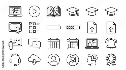 Set of 30 Online Education and E-Learning Line Icons Vector