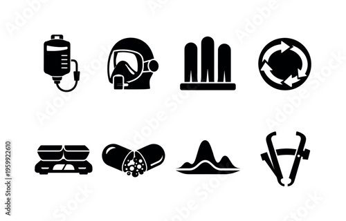 Clinical nutrition metabolism: enteral feeding pump bag, calorimetry mask dome, nutrient absorption villi bars, metabolic pathway loop arrows, diet portion scale tray