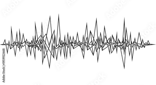 Abstract black and white sound wave visualization with multiple overlapping lines representing audio frequencies or data fluctuations.