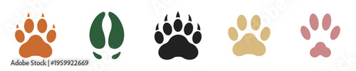 A collection of colorful flat vector animal footprint icons representing different wildlife species like bears and deer
