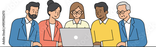 Diverse business team of five people looking at laptop screen together during collaborative meeting project.