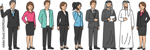 Diverse group of business people standing in line wearing professional attire for office workplace environment.