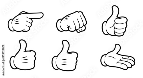 Six cartoon hands in white gloves showing various gestures like pointing, fist, thumbs up, and open palm, isolated on a white background.