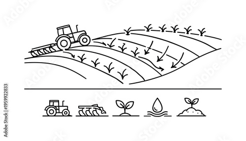 Contour plowing technique and soil conservation practice for reducing runoff and improving water retention in sloped agricultural land, contour field lines, plow, tractor, water