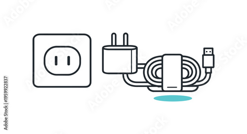 Managing leftover cable length when charging devices in tight spaces focusing on neat handling and avoiding tangles, a charging cable looped into a small holder beside a plug