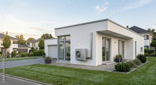 Modern home exterior with sleek silver air conditioning unit and well-manicured lawn