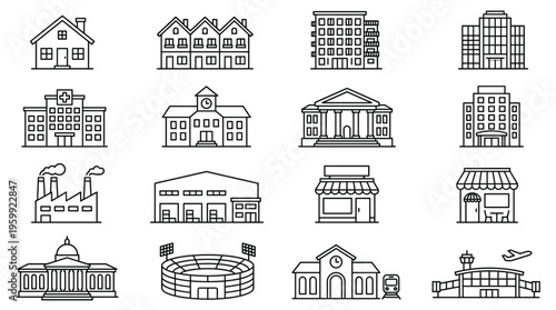 Set of 16 Outline Building Icons Vector