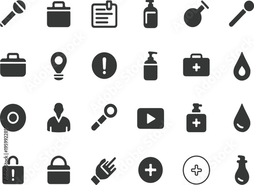  Icon Set Featuring Medical, Hygiene, Media, Security and Interface Symbols icons on a clean white background.