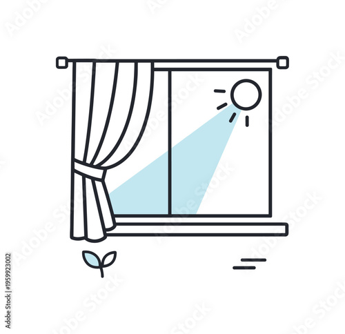 Managing curtain positioning to balance privacy and natural light in indoor spaces emphasizing subtle adjustment and comfort, a window with a partially drawn curtain and a soft sun