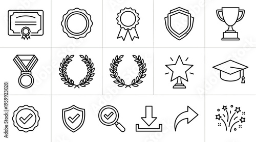 Set of 15 Black Outline Achievement and Award Vector Icons