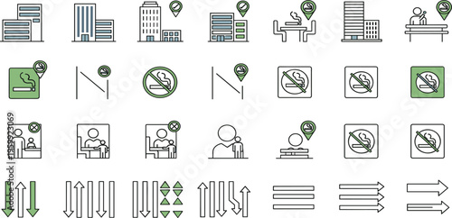 Building and Location-Based Smoking Ban Icons Set Featuring No Smoking Zones, Designated Areas, and Access Restrictions