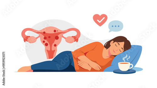 Chronic condition management scenario showing an individual coping with endometriosis while maintaining daily life and wellbeing through awareness and support, with a character