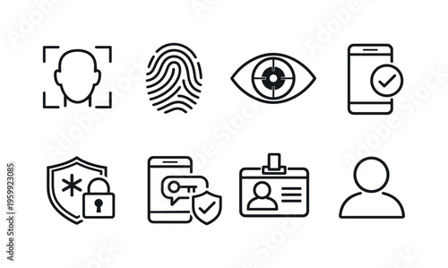 Digital identity authentication: face ID, fingerprint touch, retina scan, mobile verification, password shield, two factor authentication, security badge, user account