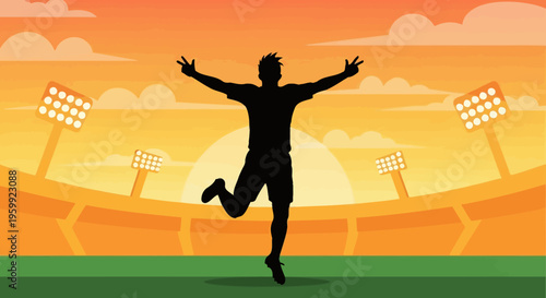 Silhouette of a triumphant soccer player celebrating victory in a stadium at sunset with bright floodlights.