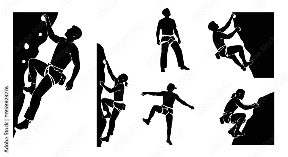 Fototapeta premium Rock Climbing Silhouettes: Diverse Climbers Ascending and Posing on Textured Walls