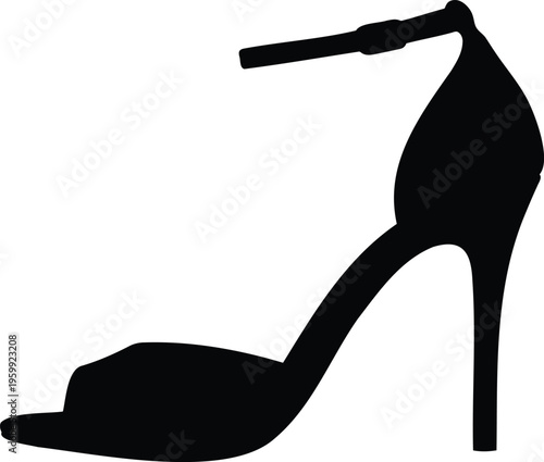 Black silhouette of elegant high heel sandal with ankle strap and open toe, fashion shoe for women