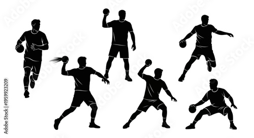 Handball Players Silhouette Set: Action Poses of Athletes in Dynamic Motion