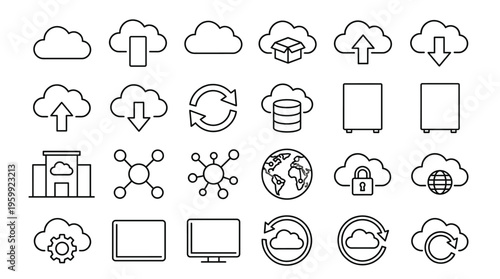 Set of 30 Black Line Vector Cloud Computing and Data Icons