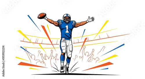 Dynamic illustration of an American football player in a blue jersey celebrating a touchdown with arms raised, surrounded by a cheering crowd and stadium lights.