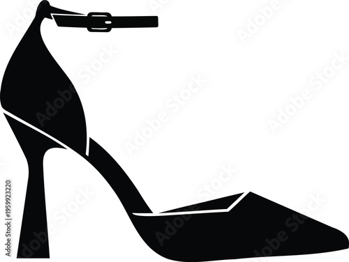 Black silhouette of pointed toe pump high heel shoe with ankle strap, elegant women footwear design
