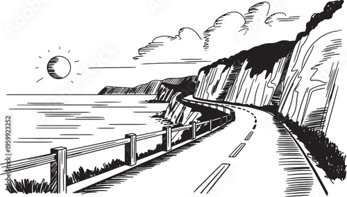 Scenic coastal road drawing with ocean view and steep cliffs under cloudy sky in hand drawn sketch. Vector illustration
