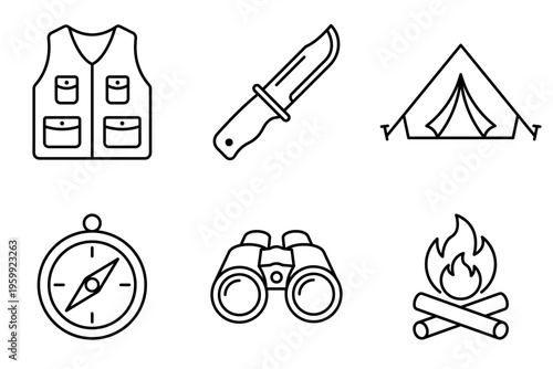 Minimalist black and white outline vector icons of hunting tools and camping gear for outdoor recreation and survival guides