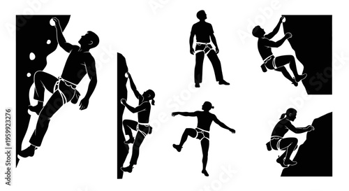 Rock Climbing Silhouettes: Diverse Climbers Ascending and Posing on Textured Walls