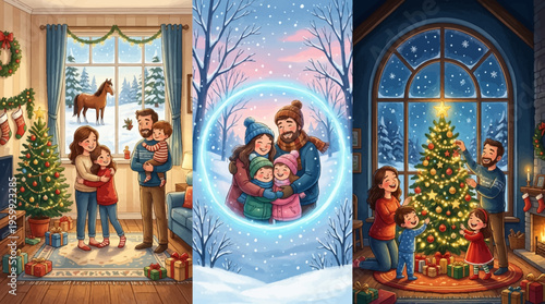 Family celebrating Christmas together happily.