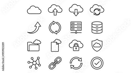 Set of 15 Black Outline Cloud Computing and Data Line Icons Vector