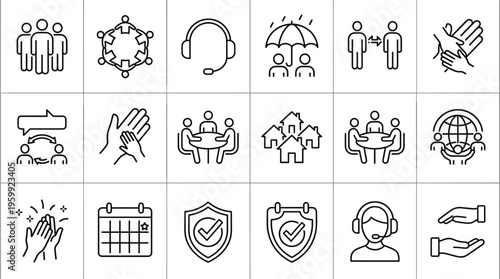 Set of 18 Black Line Business and Support Vector Icons
