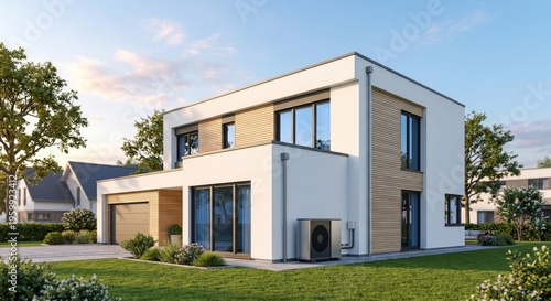Photos Modern home exterior design with white and wood accents in suburban neighborhood