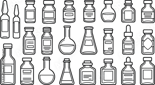 Collection of various medical ampoules and glass vials, laboratory equipment, science objects