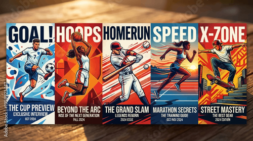 Sports magazine covers with athletic themes.