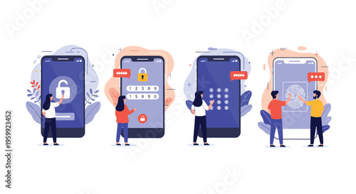 Group of people are demonstrating various smartphone security methods including fingerprint scanning, password entry, and face recognition.