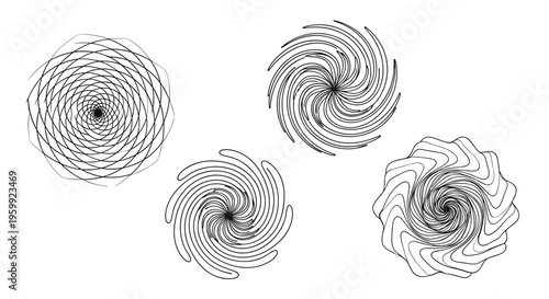 Four distinct spiral and vortex patterns are illustrated using black lines, creating a sense of motion and hypnotic depth on a white background.